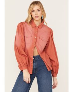 Panhandle Women's Ombre Puff Long Sleeve Snap Western Shirt, Coral Casual Button-up Shirt With Blouson Sleeves, Casual Balloon Sleeve Shirt For Fall, Casual Fall Shirt With Balloon Sleeves, Fall Casual Shirt With Balloon Sleeves, Trendy Long Sleeve Tops With Flap Pockets, Fall Puff Sleeve Shirt, Casual Balloon Sleeve Tops With Button Closure, Casual Lantern Sleeve Tops With Button Cuffs, Chic Long Sleeve Top With Flap Pockets