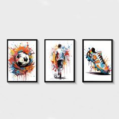 three framed art prints depicting soccer players and splashing paint splatters on the wall