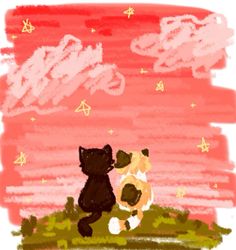 two cats are playing with each other on the grass and stars in the sky above them