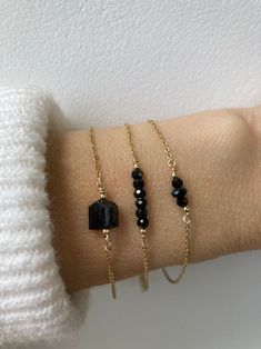 Black Tourmaline Bead Bar Bracelet. Dainty Tourmaline Bracelet. October Birthstone. Empath Protection. - Etsy Cyprus Black Tourmaline Bracelet, Empath Protection, Nugget Bracelet, Bead Bar, Bar Bracelet, Tourmaline Bracelet, Handmade Jewelry Tutorials, Bracelet Dainty, Beading Ideas