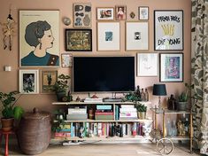 a living room filled with lots of framed pictures and plants on the wall next to a flat screen tv