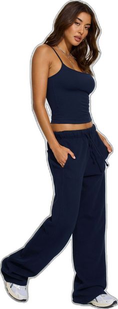 Casual Activewear Long Pants For Relaxation, Casual Long Pants Activewear For Relaxation, Casual Wide Leg Activewear For Relaxation, Casual Pants With Pockets For Relaxation, Casual Activewear For Relaxation, Navy Athleisure Sweatpants For Loungewear, Casual Bottoms With Pockets For Relaxation, Comfortable Navy Bottoms For Loungewear, Comfortable Navy Loungewear Bottoms