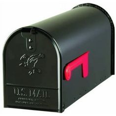 a black mailbox with the letter m on it's front and red light at the top