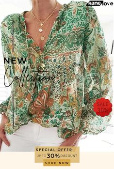 Bohemian Style Front Tie Up Floral Long Sleeve Lightweight Pullover Tops Green Long Sleeve Blouse For Vacation, Long Sleeve Patterned Tops For Vacation, Green Boho Print Long Sleeve Top, Green Long Sleeve Top With Boho Print, Green Long Sleeve Boho Print Top, Casual Green Blouse With Boho Print, Green Printed Blouse For Fall, Fall Green Printed Blouse, Green Long Sleeve Top For Vacation