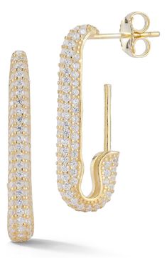 Pavé cubic zirconia lend sparkle and shine to these paper-clip earrings that bring instant style point to any ensemble. 1" drop Post back Sterling silver/goldtone or rhodium plate/cubic zirconia Made in Turkey Paper Clip Earrings, Diamond Box, Pin Earrings, Safety Pin Earrings, Shimmer And Shine, Safety Pins, Silver Logo, Designer Crossbody Bags, Keep Jewelry