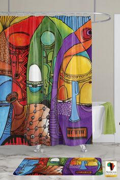 a shower curtain with colorful artwork on it