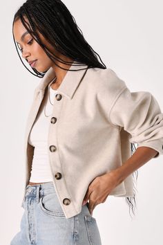 Beige Cropped Shacket - Beige Outerwear - Beige Cropped Jacket - Lulus Cozy Fall Outerwear With Button Closure, Oversized Soft Knit Button-up Outerwear, Cozy Outerwear With Pockets For Day Out, Soft Knit Button-up Outerwear For Winter, Winter Soft Knit Button-up Outerwear, Cozy Outerwear With Soft Texture For Fall, Fall Outerwear With Soft Texture For Everyday, Chic Winter Tops With Pockets, Soft Texture Outerwear For Everyday Fall Use