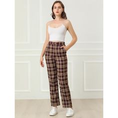 These pants are essential for dressing up or down. Lightweight fabric, covered in a plaid pattern, shapes these trendy trousers with a high-rise fit. How it is a bit high waist and how it gathers at the waist adding shape to the body. You may love everything about these trousers, from their regular fit to the elastic high-waist, which could double as a hiding mechanism for women with love handles. Style these trousers with a crop top and heels for the ultimate look. This fashionable and trendy c Casual Plaid Wide Leg Pants For Fall, Trendy Plaid Wide Leg Bottoms, Trendy Plaid Trousers, Trendy Plaid Cotton Pants, Trendy High Waist Plaid Bottoms, Trendy Non-stretch Plaid Bottoms, Plaid Straight Pants For Fall, Plaid Ankle-length Pants With Pockets, Trendy Fitted Plaid Pants