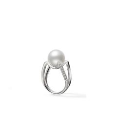 "M" is for Mikimoto, as well as modern, with the letter becoming a design element of this ring with a split shank. Crafted in 18K white gold, diamonds set in a shape reminiscent of the initial highlight a 12mm A+ white South Sea cultured pearl. This Mikimoto ring is remarkably radiant. Modern Single Diamond White Jewelry, Timeless White Diamond Open Ring, Modern White Jewelry With Single Diamond, Luxury White Rings With Tension Setting, Luxury White Tension Setting Ring, Modern White Gold Pearl Ring For Anniversary, Modern White Diamond Open Ring, Modern White Open Diamond Ring, Modern Diamond Pearl Ring For Anniversary