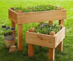 a wooden planter sitting on top of a lush green field