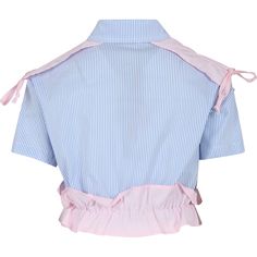 Color: Light blue Light blue striped crop shirt made of cotton poplin, with short sleeves, a pointed collar, a front button closure, an elasticated hem with pretty pink ruffles and ruched details with bows on the shoulders. It is embellished with MSGM logo embroidered on the chest. 68% Cotton, 30% Polyamide, 2% Elastane. Machine wash at 30°C. Pink Short Sleeve Top With Striped Collar, Spring Striped Short Sleeve Crop Top, Striped Short Sleeve Crop Top For Spring, Blue Short Sleeve Shirt With Ruffles, Striped Cotton Crop Top With Short Sleeves, Blue Blouse With Striped Collar And Short Sleeves, Dress References, Shop Light, Kenzo Kids