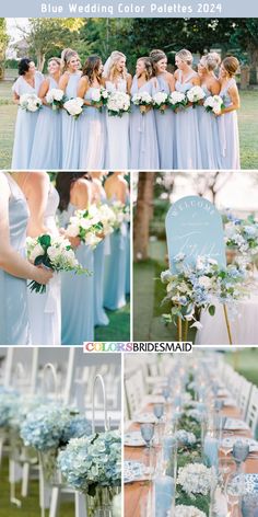 blue and white wedding color palettes for the bridesmaid, with flowers in vases