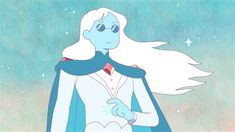 a cartoon character with long white hair wearing a blue and white outfit, standing in front of a star filled sky