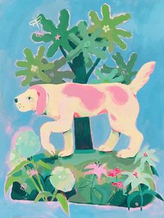 a painting of a dog standing in front of a tree with flowers and plants around it