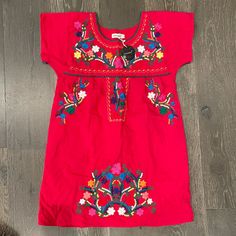 New Red Flora Embroidered Dress Small Summer Festive Dress With Embroidered Hem, Red Floral Embroidered Summer Dress, Red Floral Embroidered Cotton Dress, Red Floral Embroidered Dress For Summer, Summer Festive Dresses With Embroidered Neckline, Red Cotton Dress With Floral Embroidery, Spring Festive Dress With Embroidered Hem, Casual Red Dresses With Floral Embroidery, Casual Red Embroidered Dress