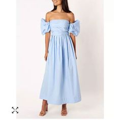 Women's Solana Off Shoulder Midi Dress Petal And Pup Never Been Worn Size M Off-shoulder Ruched Cotton Dress, Cotton Off-shoulder Ruched Dress, Ruched Off-shoulder Cotton Dress, Ruched Cotton Off-shoulder Dress, Light Blue Cotton Maxi Dress For Spring, Spring Light Blue Off-shoulder Maxi Dress, Light Blue Off-shoulder Maxi Dress For Spring, Off-shoulder Cotton Midi Dress For Spring, Light Blue Puff Sleeve Midi Dress For Summer