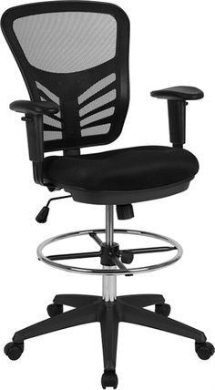 an office chair with a black mesh back and foot rest on the seat, against a white background