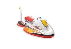 a white and red toy speed boat on a white surface with a yellow light at the top