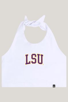 Our tailgate top comes with adjustable top and back straps. Think about it as a halter bandana. About the style: - 95% Cotton, 5% Spandex - Body hugging, easy to adjust - Front lined. Option to go braless Lsu Tailgate, Halter Top Outfit, Vinyl Logo, Fitted Crop Top, College Gear, Logo Application, Brown University, Tie Design, Workout Crop Top