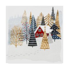 a christmas card with trees in the snow and a red house on it's side