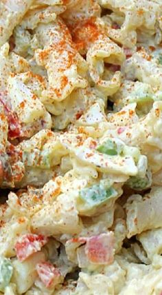 a close up view of a pasta salad