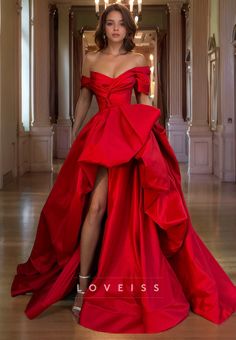 Off Shoulder Elegant Dress, A Line Satin Dress, Red Dress Off Shoulder, Red Gala Dresses, Prom Dress Ideas Unique, Red Formal Gown, Luxury Gowns, Princess Fantasy, Matric Dance