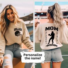 🏈Personalized Football Mom Sweatshirt 🏈 Show Your Team Spirit with a Personalized Football Mom Sweatshirt! Get ready to cheer on your favorite team in style with our Funny Sweatshirt for Football Moms. Perfect for the proud, loud, and passionate football mama. Personalize it with your name for an extra special touch that showcases your love for your player and your team.  5-STAR REVIEWS  SATISFACTION GUARANTEED   RETURNS ACCEPTED  ☑️PRODUCTION TIME: 3 - 4 days for personalized items (usually 3 Football Mom Hoodie Ideas, Customizable Casual Sweatshirt For Football Season, Customizable Sporty Sweatshirt For Fan Merchandise, Customizable Sporty Sweatshirt For Fans, Customizable Fan Gear Sweatshirt, Customizable Sweatshirt For Sports Season Fan Gear, Football Season Crew Neck Top With Lettering, Customizable Sports Fan Sweatshirt For Sports Season, Customizable Sports Fan Sweatshirt For Game Day