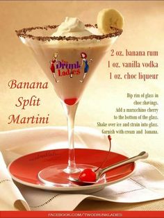 a banana split martini on a red plate