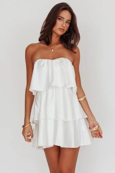 Shop the Behati Tiered Layer Strapless Dress White | Selfie Leslie Selfie Leslie, Phi Mu, Layered Design, Layers Design, Dress White, Sweetheart Neckline, Favorite Things, Strapless Dress, White Dress