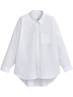 white cotton pointed flat collar chest patch pocket front button fastening long sleeves buttoned cuffs rear curved hem When buying this unisex item, keep in mind that it is graded in standard men's sizing. Monogrammed Cuff, Curved Hem Top, Pointed Flat Collar, Oversized Long Sleeve Shirt, Big Shirt, Monogram Pattern, Cotton Poplin Shirt, Menswear Inspired, White Shirts