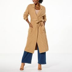 Trendy Knit Outerwear With Pockets, Trendy Knit Sweater Coat For Work, Chic Knit Sweater Coat With Pockets, Knit Long Coat For Fall, Trendy Knit Outerwear For Work, Long Winter Workwear Cardigan, Trendy Sweater Coat With Pockets For Cold Weather, Beige Knit Outerwear For Winter, Beige Knit Winter Outerwear