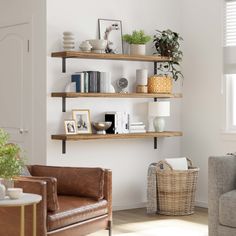 a living room with two couches and some shelves on the wall, one is filled with books