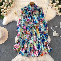 Floral Print Belted Long Sleeve Shirt Dress Colorful Mini Dress, Mini Dress Runway, Dress Runway, Lace Leggings, Vibrant Flowers, Solid Leggings, Womens Floral Dress, Floral Dresses, Lantern Sleeve