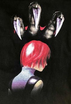 a woman with red hair and claws on her head in front of a black background