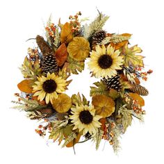 a wreath with sunflowers, leaves and berries