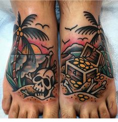 two people with tattoos on their feet, one has a chest box and the other has a skull