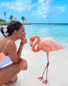 a woman kneeling down next to a pink flamingo on a sandy beach near the ocean