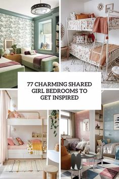 the bedroom is decorated in pastel colors and has bunk beds with ladders on them