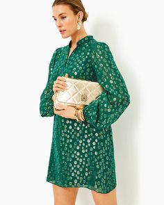 Lauralyn Silk Dress | Lilly Pulitzer Dress Picture, Green Silk, Dress Romper, Women's Fashion Dresses, Silk Dress, Stand Collar, Lilly Pulitzer, Neck Dress, The Dress