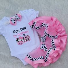 Girls Birthday Cow Outfit, Holy Cow Farm Birthday Outfit/Barnyard Birthday Shirt, Halfway to One Cow Outfit, 1st Birthday Cow Shirt This a beautiful Cow Themed Tutu Set.  If there are any small details you would like added or removed, please contact me prior to ordering. Comes with bodysuit or shirt and ribbon trimmed tutu.  If you are interested on the jacket also, please message me for a custom listing.  The headband (up to 12/18 months) or hair clip is free with the purchase and may vary in d Fun White Sets For Birthday, Fun White Birthday Sets, Fun White Birthday Set, Fitted Short Sleeve Sets For Birthday, Fun White Birthday Party Sets, Fun Cotton Sets For Birthday, White Short Sleeve Birthday Set, White Sets With Letter Print For Birthday, White Short Sleeve Sets For Birthday