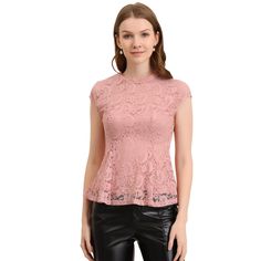 This all-lace top brings elegance to whatever outfit you're putting together. This stylish embroidered lace blouse features crochet lace, a keyhole back with button closure, a trendy round collar design with lace, and a peplum style, and it's great for daily wear, which makes you charming and cool, and is particularly suitable for summer tops. Perfectly pair it with jeans or a skirt for an exquisite look. Lace Peplum Blouse, Short Sleeve Peplum Top, Pink Lace Blouse, Sleeve Crochet, Peplum Styling, Lace Peplum, Peplum Styles, Lace Neckline, Peplum Blouse