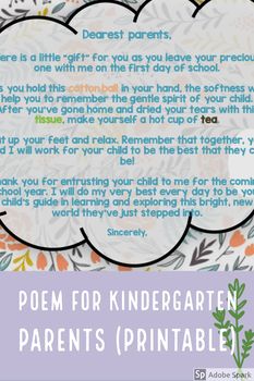 a poem written in the shape of a cloud on top of a floral background with words that read poem for kindergartia parents printable