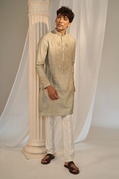 Green handmade kurta with floral embroidered yoke and cuffs. Comes with white pant. - Aza Fashions Dia Mirza, White Pant, Diana Penty, Sara Ali Khan, Embroidered Neckline, Pants Pattern, Pocket Pants, Modern Bride, Pant Set