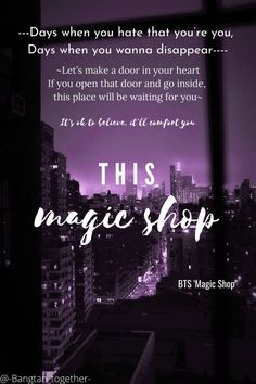 a window with the words, this magic shop on it and an image of city lights