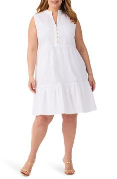 A tiered skirt and ruffle trim at the neckline add fun flourishes to this casual-chic sleeveless dress. 40" length (size 2X) Front button closure Split neck Sleeveless Unlined 98% cotton, 2% spandex Machine wash, dry flat Imported Sleeveless Cotton Tiered Dress For Daywear, White Sleeveless Cotton Tiered Dress, Chic White Sleeveless Tiered Dress, Sleeveless Tiered Dress With Ruffles For Daywear, Casual Sleeveless Tiered Dress With Ruffles, Casual Sleeveless Tiered Dress For Daywear, Casual Sleeveless Dress With Tiered Skirt For Summer, White Sleeveless Casual Tiered Dress, Casual White Sleeveless Tiered Dress