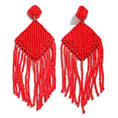 red beaded earrings with fringes on white background