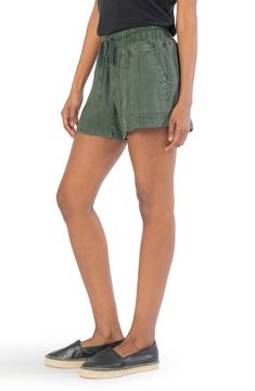 Perfectly comfy yet still polished, these relaxed-fit shorts are fashioned from lightweight woven fabric with an elastic waist and chino-style pockets. 4" inseam; 24" leg opening; 11" front rise; 16" back rise (size Medium) Elastic/drawstring waist Front patch pockets; back button-flap patch pockets 50% linen, 48% rayon, 2% spandex Machine wash, line dry Imported Women's Clothing Chinos Style, Elastic Waist Shorts, Workout Shorts, Drawstring Waist, Woven Fabric, Casual Shorts, Elastic Waist, Women's Clothing, Relaxed Fit