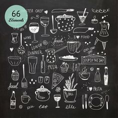 a chalkboard drawing of different types of food and drinks on it's blackboard