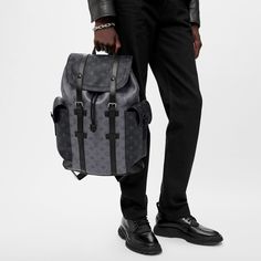 LOUIS VUITTON® - Christopher Mm - Monogram Eclipse Reverse Masculine Monogram, Louis Vuitton Top, Sac Louis Vuitton, Pm Monogram, Reverse Canvas, Mm Monogram, Louis Vuitton Official Website, Silver Highlights, Hiking Pack