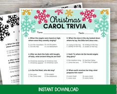 printable christmas carol trivia with the text, instant answers and an image of snowflakes